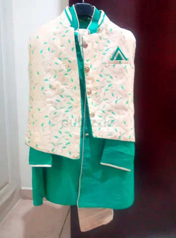 Green traditional boys sherwani with cream embroidered waistcoat - like new