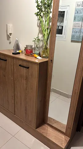 Wooden Hallway Console with Mirror and Storage - Light Oak