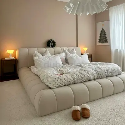 Modern Low-Profile Upholstered Platform Bed - Cream Velvet, Queen/King