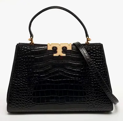 Authentic Tory Burch Eleanor Black Croc Embossed Leather Top Handle Bag