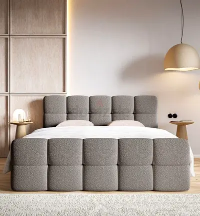 Modern upholstered king-size bed with padded headboard (grey)