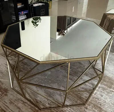Modern Octagonal Mirrored Coffee Table with Gold Geometric Base - 2 pieces