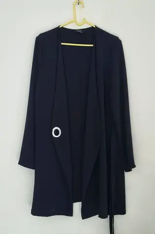 Black long open-front womens cardigan with belt detail