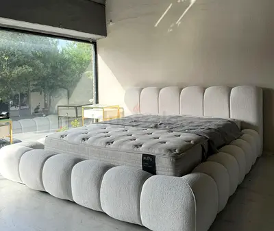White Upholstered Low-Profile Bed Frame with Headboard (Queen/King) - Modern Design
