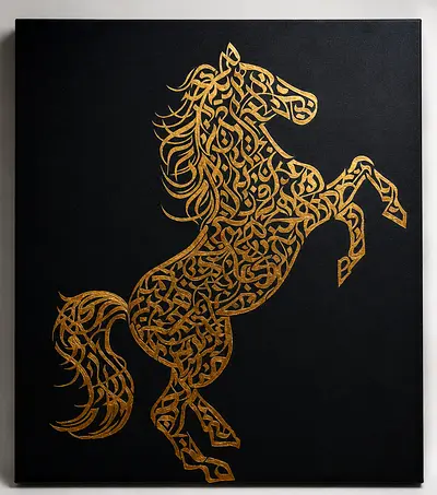 Hand-painted Arabic Calligraphy Horse Canvas - Gold on dark brown (Wall Art)