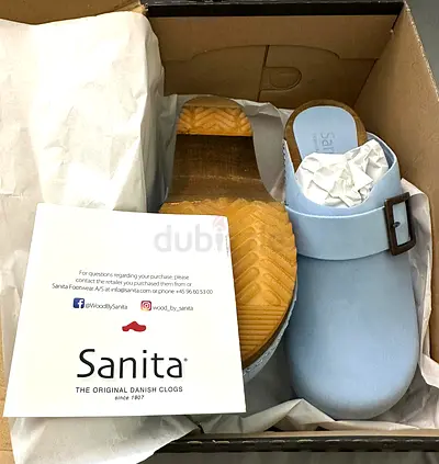 Genuine Leather Light Blue Sanita - Size 37 EU, New in Box, Handmade, Wooden Sole