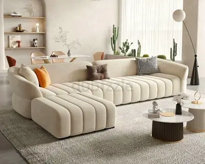 Modern Cream Ribbed L-Shape Sofa with Ottoman