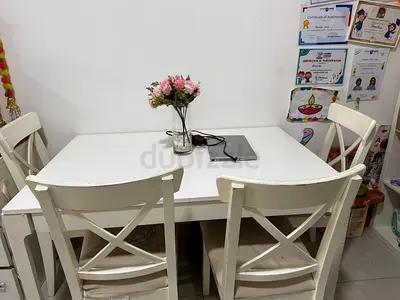 White Wooden Dining Table with 4 Matching Chairs - Used