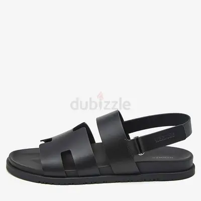 Hermes Black Leather Genius Flat Sandals Size 46