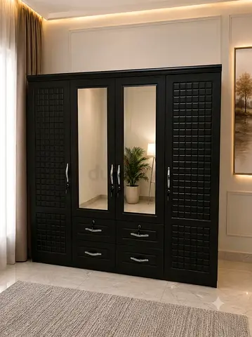 Brand New Black 4-Door Wardrobe with Mirrors and Drawers For Sale