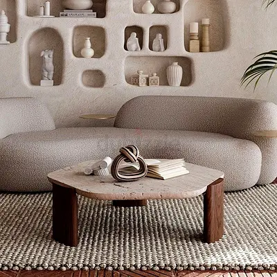 Bloomr Travertine Wooden Coffee Table with Natural Stone Top