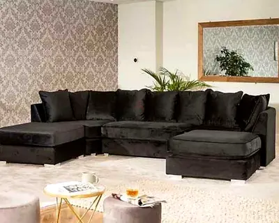 Modern Black Velvet Corner Sofa with Ottoman