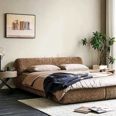 Low-profile plush upholstered King size bed in brown boucle fabric