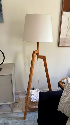 Wooden Tripod Floor Lamp with White Fabric Shade