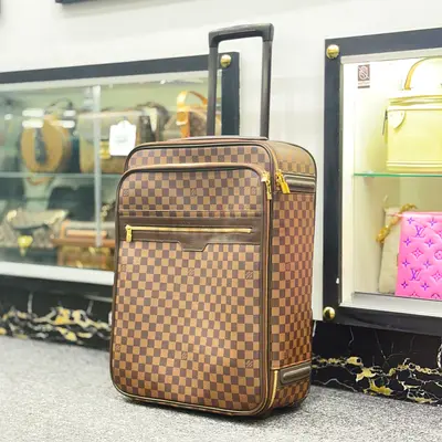 Louis Vuitton Brown checked small rolling suitcase with retractable handle