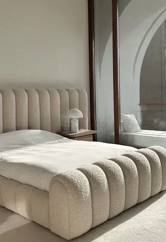 Plush Bouclé Upholstered Double Bed Frame - Minimal Modern Design