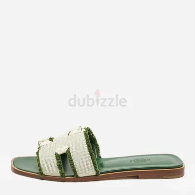 Hermes Beige/Green Fringe Canvas Oran Flat Slide Sandals Size 37