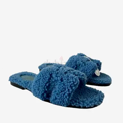 Hermes Blue Leather Oran Shearling Flats Size EU 37