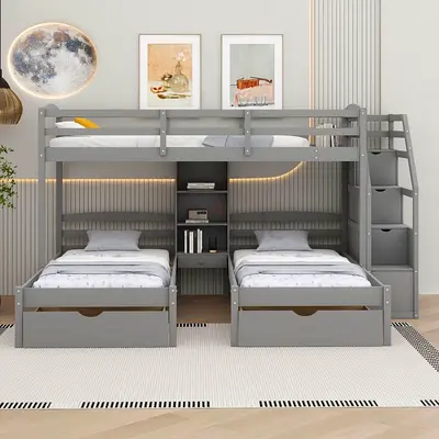 Triple Bunk Bed with Storage Drawers and Shelves