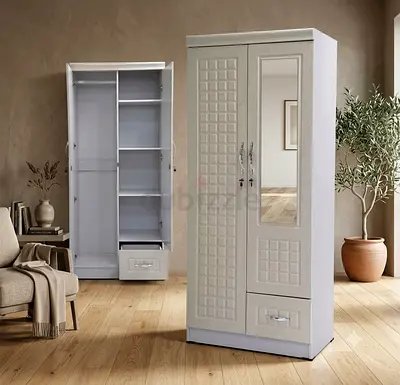 Brand New White 2-Door Wardrobe with Mirror and Drawer For Sale