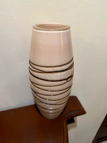 Beige Ceramic Decorative Vase - Tall, Modern Striped Design
