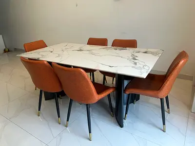 Marble-top Dining Table with 6 Brown Leather Chairs