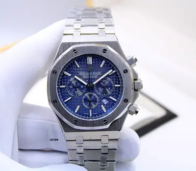 Stainless Steel Automatic Chronograph Watch with Blue Tapisserie Dial