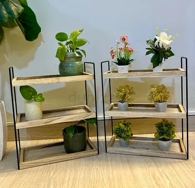 Pair of 3-Tier Wooden Shelves with Black Metal Frame - Light Oak Finish