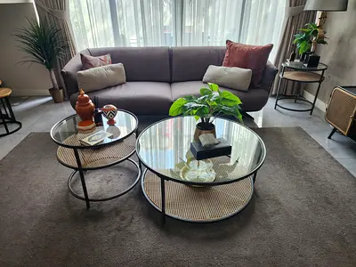Modern round glass coffee tables with rattan shelf (set of 2)