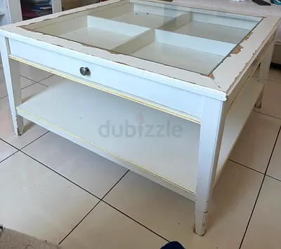 White Wooden Coffee Table with Glass Top and Shelf - Used