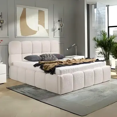 Box sleek lines design queen boucle bed