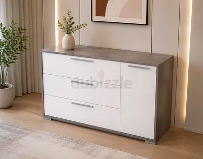 Modern White and Grey Dresser with Three Drawers and Side Cabinet