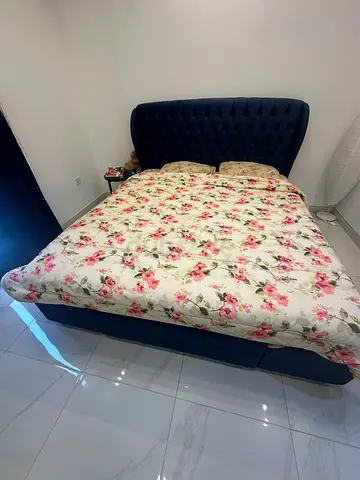 King size upholstered bed frame with tufted headboard - navy blue and mattress