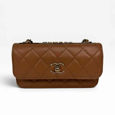 AUTHENTIC CHANEL TRENDY WALLET ON CHAIN IN BEIGE LAMBSKIN WITH GOLD HARDWARE