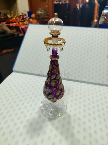 Handmade Egyptian-style Purple Glass Perfume Bottle with Gold Accent 19cm