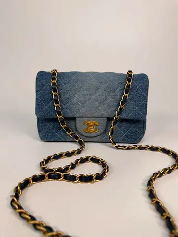 AUTHENTIC CHANEL MINI RECTANGLE IN BLUE DENIM WITH GOLD HARDWARE
