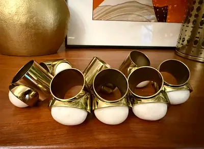West Elm - Set of 8 Brass and White Marble Napkin Rings