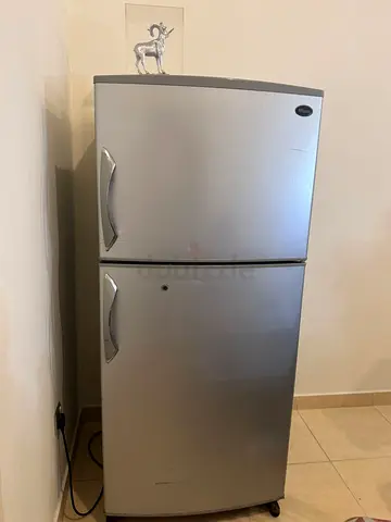 Silver double-door refrigerator - compact top freezer, good working condition