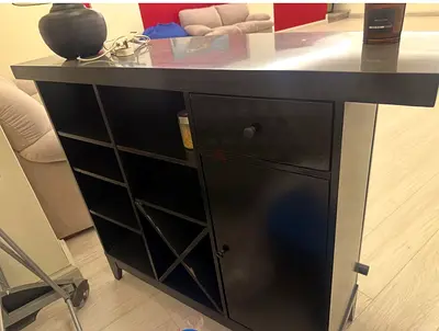 Modern Dark Wood Bar Table with Wine Rack and Storage