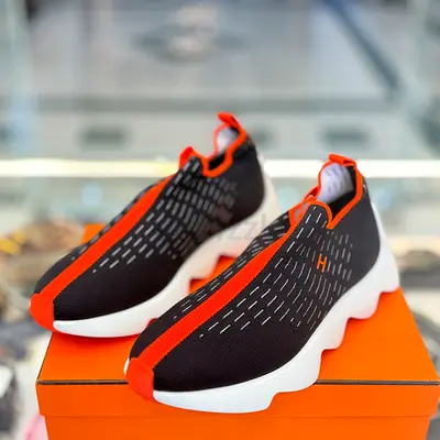 Hermes Black  Orange Slip-On Knit Sneakers — Lightweight Casual Shoes