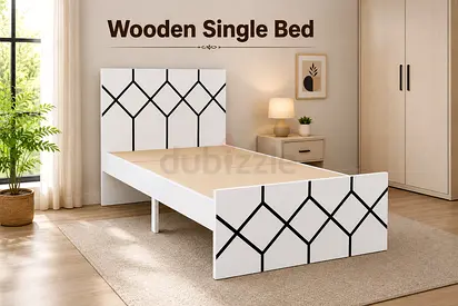 Modern Wooden Single Bed with Geometric Design - White Bed Frame For UAE Homes