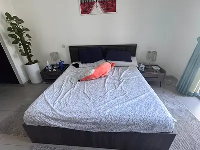 King Size Bed Frame with Headboard and Nightstands - Dark Wood and side tables