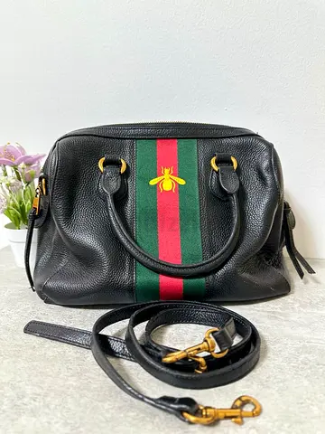 GUCCI Style Black leather handbag with green-red stripe and bee emblem, includes strap