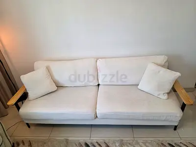 3-seater White Fabric Sofa with Wooden Armrests - OC Home Collection