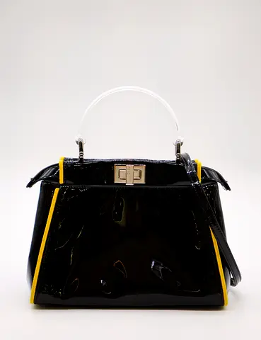 Fendi Black patent leather handbag with yellow trim and clear handle