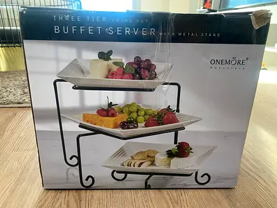 Three Tier Buffet Server with Metal Stand  Porcelain Plates – Like New
