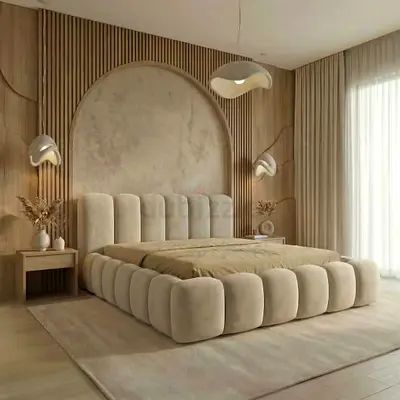 Plush Beige Upholstered Platform Bed with Padded Headboard (King)