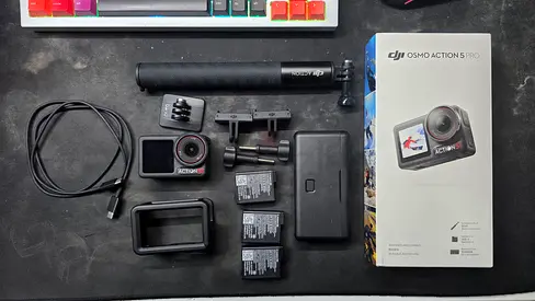 DJI Osmo Action 5 Pro kit with batteries, mount, case and accessories