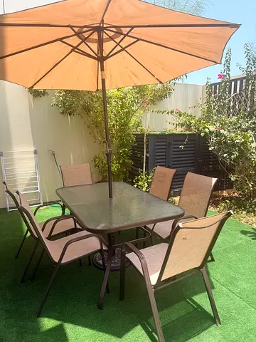 Outdoor patio dining set with umbrella – 6 chairs, glass table, only 6 months used