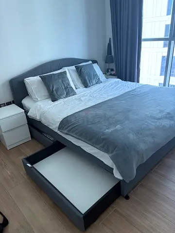 King Size Bed, Matress, Matress protector and 2 storage boxes